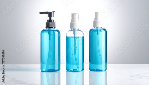 Three blue, transparent bottles with different pump and spray tops