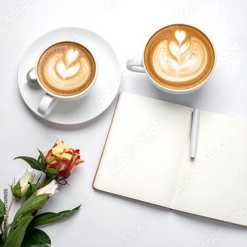 Overhead shot of two lattes, a notebook, pen, and a rose