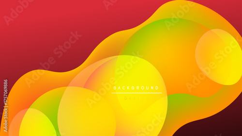 Abstract fluid shapes blend, creating vibrant gradients. Yellows, oranges, reds dominate dark background. Modern design element.