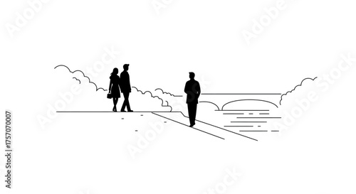 Sketch of people walking in a park with a bridge and water a serene outdoor scene a tranquil moment in nature a linear artistic depiction isolated on white background