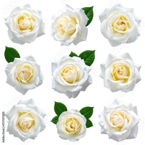 Nine pristine white roses with yellow centers and green leaves isolated on white
