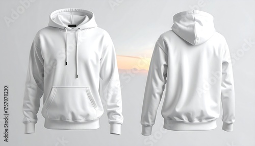 Front and back view of a blank white hooded sweatshirt