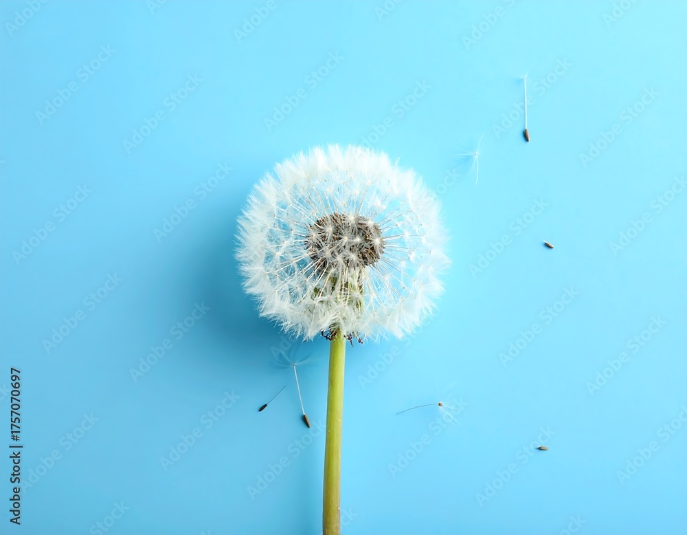 Fototapeta premium A puffy dandelion head on a vibrant blue background with floating seeds, a symbol of transience