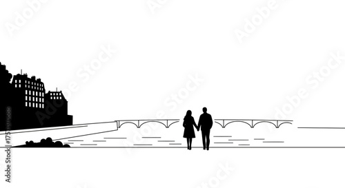 Silhouettes of a couple holding hands walking along a snowy riverside with buildings in the background isolated on white background