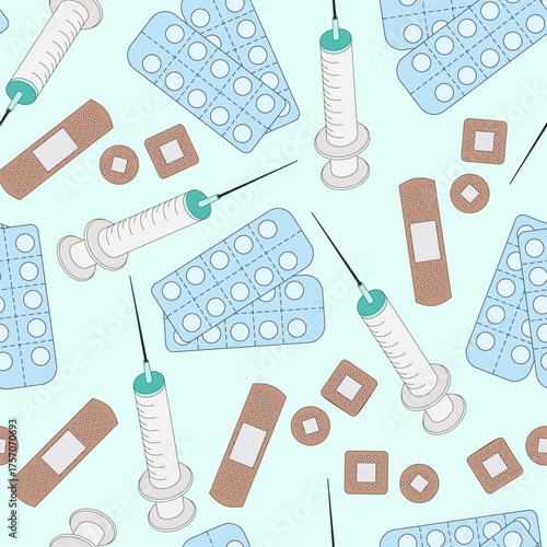 Medicine items, objects seamless pattern, background. Cute simple cartoon icons. Pills, syringe and patch, plaster illustrations