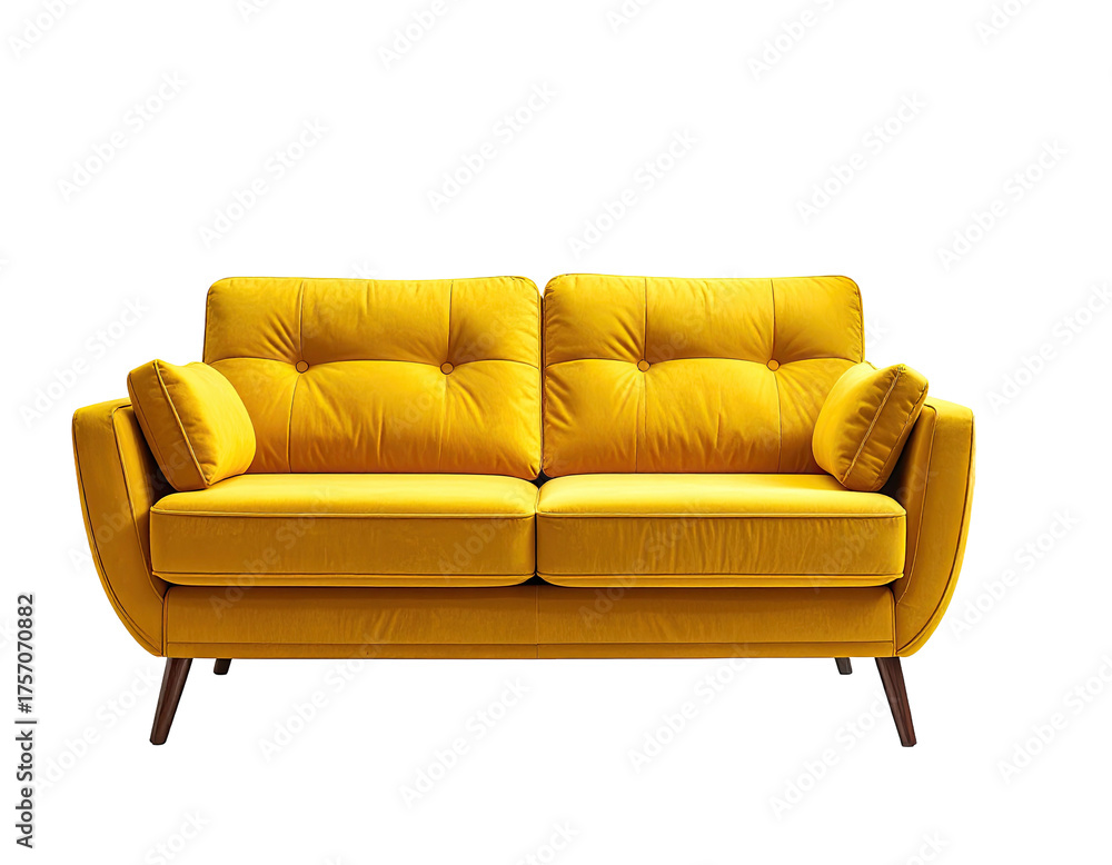 Fototapeta premium A vibrant, contemporary yellow two-seater sofa with tufted cushions, dark legs, and a black backdrop