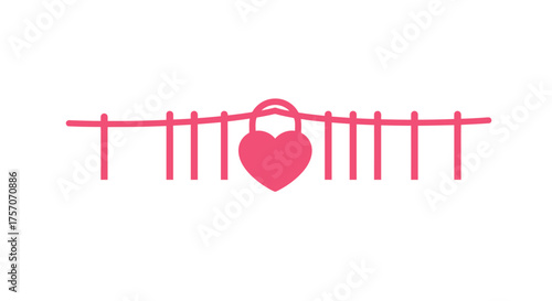 Romantic heart padlock securely fastened to a decorative pink fence symbolizing love security commitment and enduring relationships isolated on white background