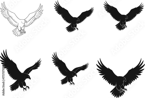 Eagle silhouette vector, flying eagle illustration, bird of prey attack pose, wildlife graphic, raptor wings spread, hunting eagle design