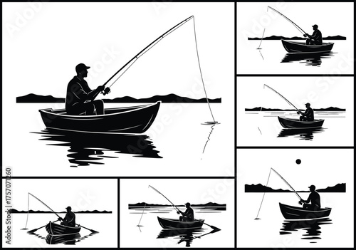 Fishing boat scene, tranquil lake, mountain background, black and white vector, storytelling illustration, peaceful nature, outdoor activity, minimalist design, reflection art