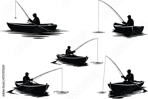 Fishing silhouette vector, boat fishing illustration, peaceful lake scene, fisherman with rod, black silhouette art, outdoor activity, nature, calm water