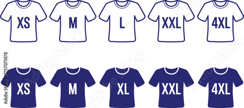 T shirt sizes xs m l xl xxl 4xl clothing apparel garment fashion style vector
