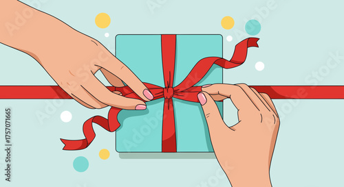 A detailed vector illustration viewed from a first-person perspective, showing a person's hands wearing a suit carefully tying a yellow ribbon into a bow on a vibrant red gift box