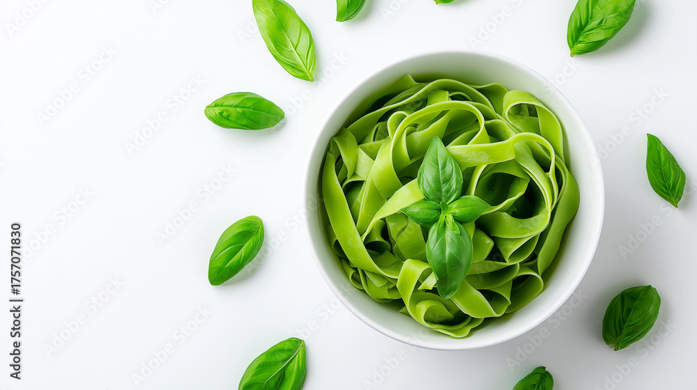 Obraz premium Bowl of green tagliatelle pasta with fresh basil leaves on a white background. 