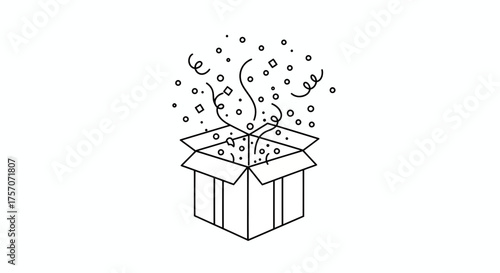 A clean and modern vector outline icon depicting an open cardboard box from which a burst of confetti, streamers, and dots is erupting