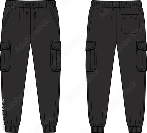 Cargo jogger pants flat sketch, fashion cad drawing, vector illustration, sewing pattern template, garment construction, apparel design, clothing mockup, technical drawing
