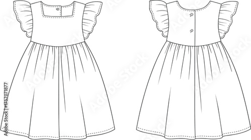 Girls dress flat sketch, fashion cad drawing, vector illustration, flutter sleeve design, sewing pattern template, garment construction, apparel design