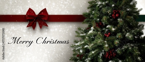 A Christmas tree decorated with a red ribbon and bow on a white background, with the text 