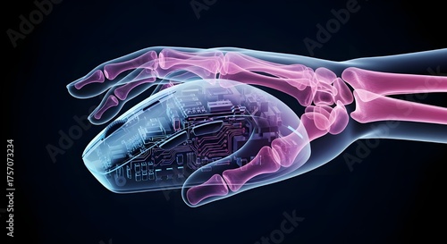 Futuristic transparent hand holding a computer mouse in vibrant multicolor X-ray style with neon gradient glow on dark background