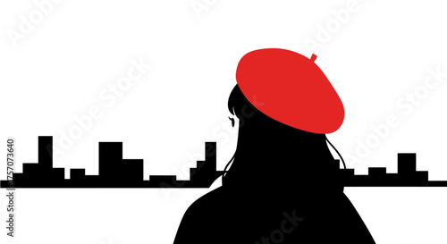 Artist silhouette wearing red beret facing abstract cityscape skyline modern urban design isolated on white background