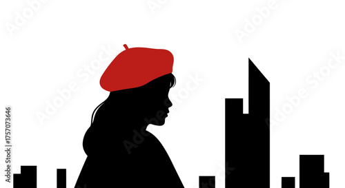 Silhouette of a person wearing a red beret standing against a cityscape skyline at dawn evoking artistry and urban exploration isolated on white background