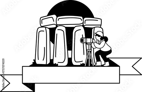 black and white logotype icon of A woman is taking a photo of Stonehenge