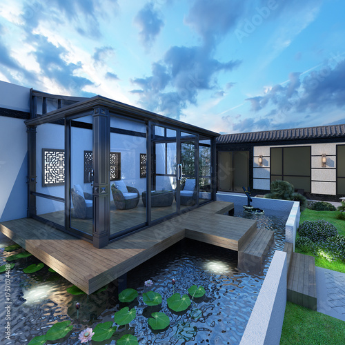 Sunroom, 3D rendering of glass room