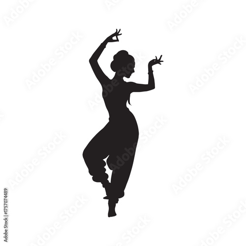 Elegant black silhouette of a traditional Indian classical dancer in a graceful pose, symbolizing beauty, culture, and rhythm. Perfect for cultural projects, dance studios, or art and heritage-themed 