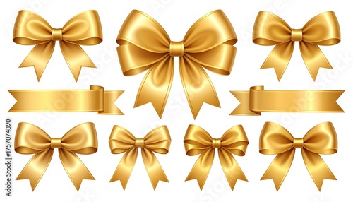 Golden satin bows and ribbons, a collection with various forms