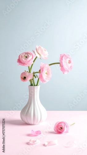 Soft pink flowers in a white vase on a pastel pink surface