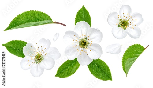 Isolated elements of blossoming white flowers with green leaves