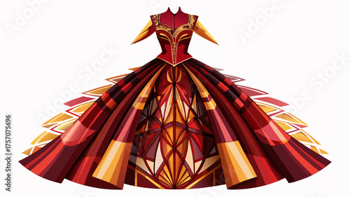 Very beautiful deep red and amber dress with modern geometric print, soft tulle skirt, and glossy satin top, stylish and luxurious composition on white background, perfect for fashion vector artwork.