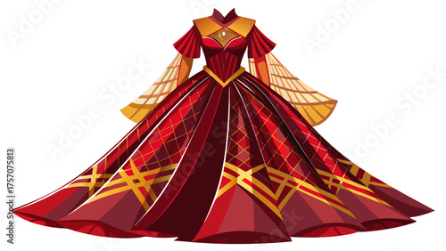 Very beautiful deep red and amber dress with modern geometric print, soft tulle skirt, and glossy satin top, stylish and luxurious composition on white background, perfect for fashion vector artwork.