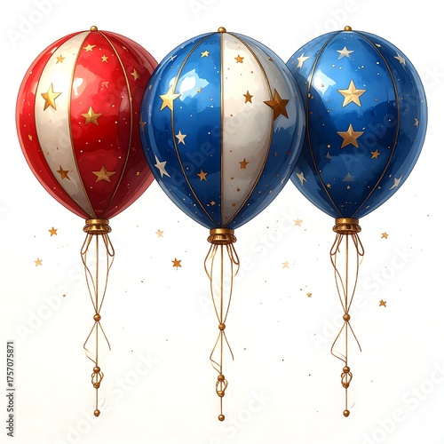 Three vibrant, round balloons with patriotic colors and star details