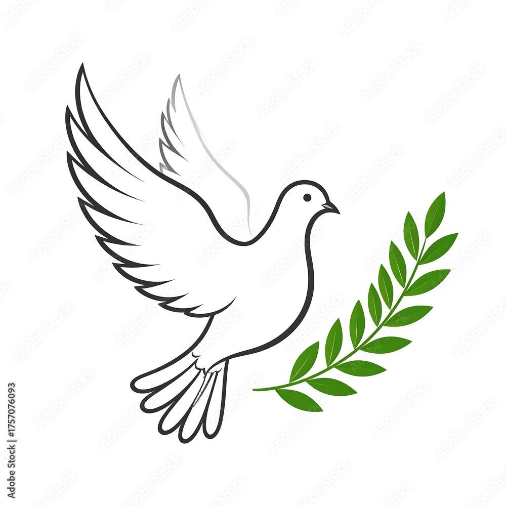 Fototapeta premium Outline of a white dove in flight, carrying an olive branch