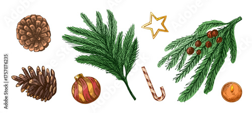 Hand drawn vintage sketch of christmas pine branches cones bauble star candy and candle in color and monochrome version