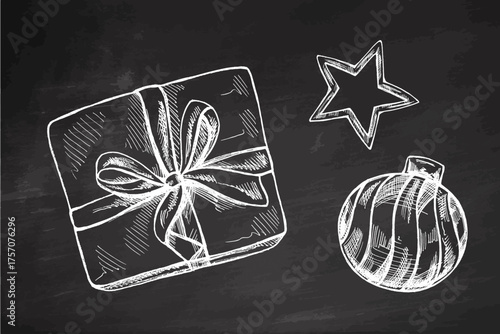 Hand drawn vintage chalk sketch of christmas gift box bauble and star on chalkboard background illustration