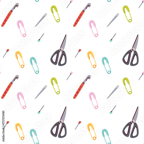 Scissors, pins and safety needles arranged in seamless pattern for sewing, tailoring and textile design themes.