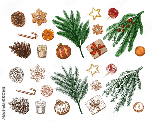 Hand drawn vintage sketch set of christmas cookies pine branches cones gifts baubles candies and candles in color and monochrome version