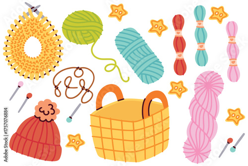 Knitting basket filled with yarn, needles and craft tools in colorful illustration for textile and handmade themes.