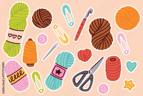 Knitting tools, yarn skeins, scissors and buttons arranged in colorful flat lay illustration for craft design.