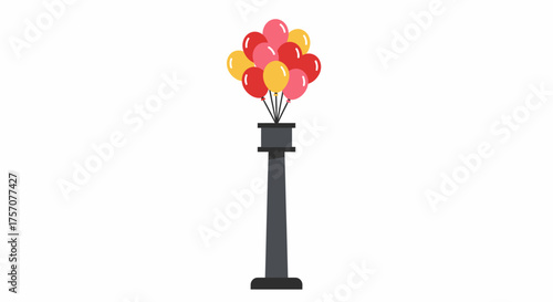 A cluster of vibrant multicolored balloons gracefully ascends from a dark ornate lamp post creating a festive and celebratory atmosphere isolated on white background