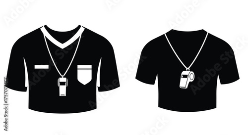 Black referee shirts with whistles and lanyards illustrated in a simple style