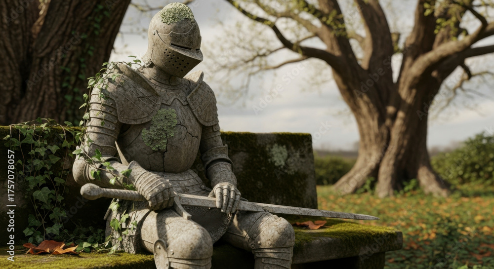 Fototapeta premium Stone statue of a medieval knight in armor overgrown with moss and ivy sitting on a bench holding a sword in a serene park landscape