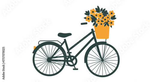 Charming bicycle laden with vibrant flowers in a sunny yellow basket delivering summer joy and freshness. isolated on white background