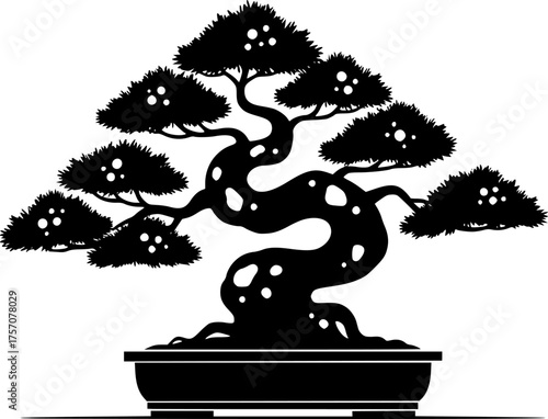 a bonsai tree with a unique shape, dark color, white spots, vector illustration
