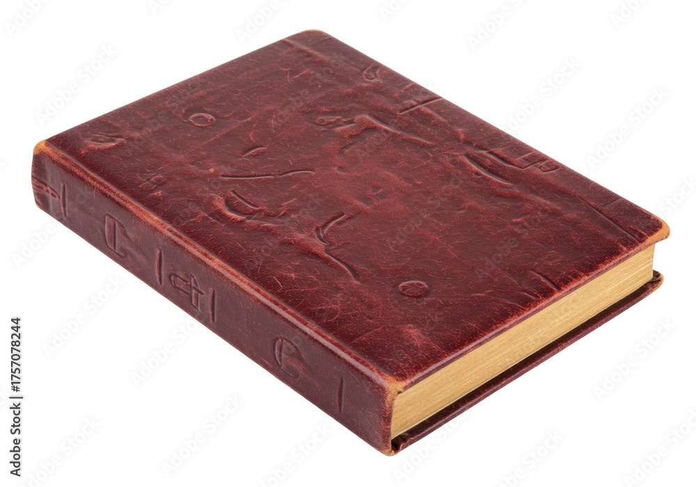 Obraz premium Isolated brown leather book with gold edges and raised pattern, in portrait format, vintage