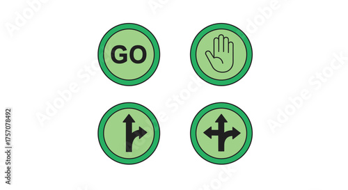 Four green circular signs displaying go stop turn left and cross symbols
