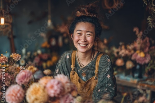 Asian woman selling flowers in her florist 