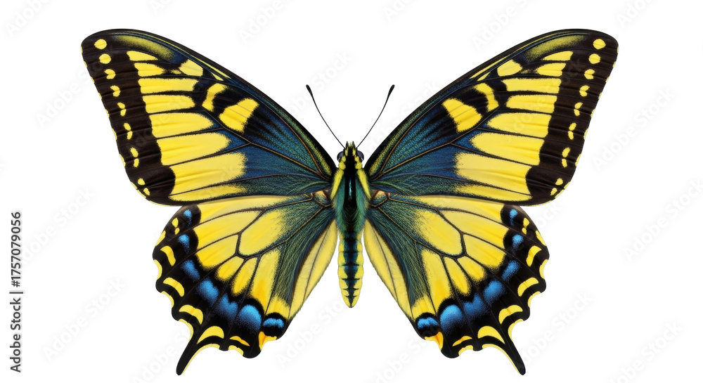 Obraz premium Isolated Eastern Tiger Swallowtail butterfly with yellow and blue wings, on white