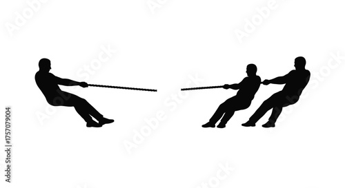 Three silhouetted figures engaged in a classic tug of war competition